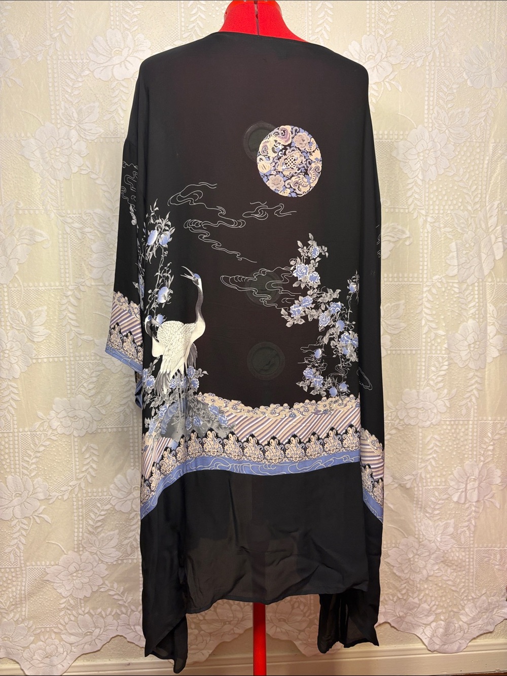 Citron 100% Silk Black Crane Floral Kimono Jacket Duster *has a few Small Snags - Picture 8 of 16